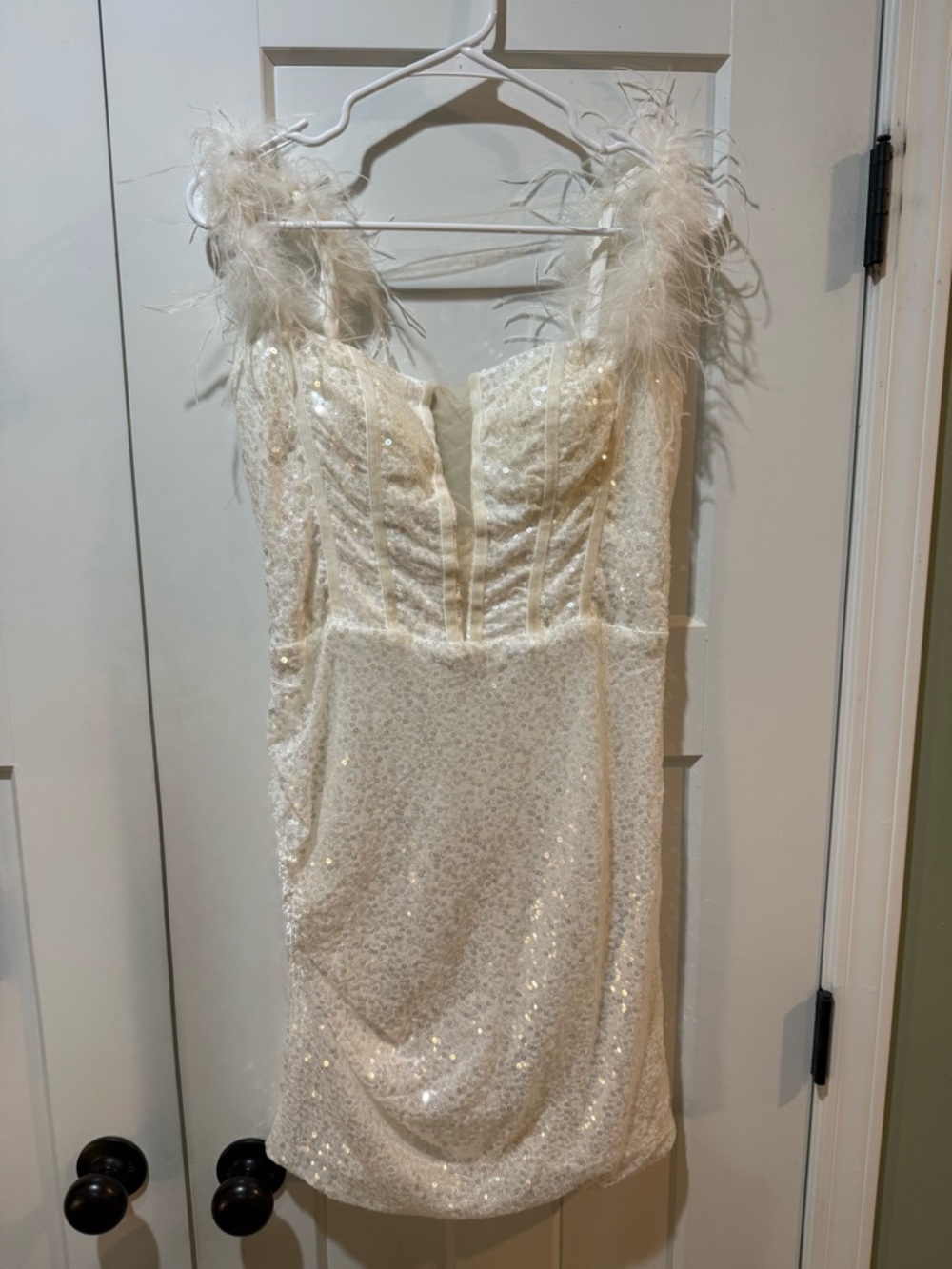 Ivory Sequin Feather Strap Mini Prom Dress